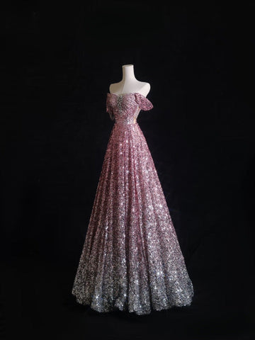 A Line Off The Shoulder Pink Sequin Long Prom Dresses Evening Gowns SD2329